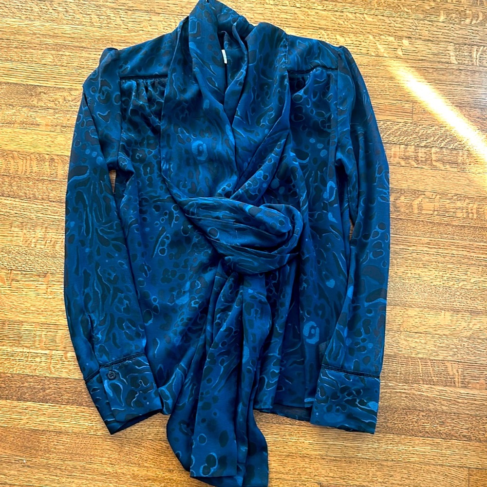 See by Chloe dark blue leopard print blouse with tie neck